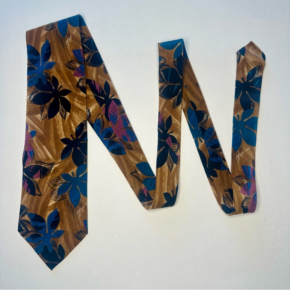 Vintage DIOR MONSIEUR Tan Abstracted Floral Classic Silk Tie - Picture 3 of 5